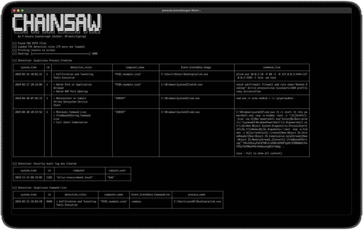 I'm excited to release a tool that I wrote at <a href="/countercept/">F-Secure Countercept</a> to help triage Windows event logs.

Chainsaw is a RUST CLI tool to quickly search and hunt through event logs. It supports <a href="/sigma_hq/">sigma</a> detection rules to identify potential threats.

More info here: github.com/countercept/ch…