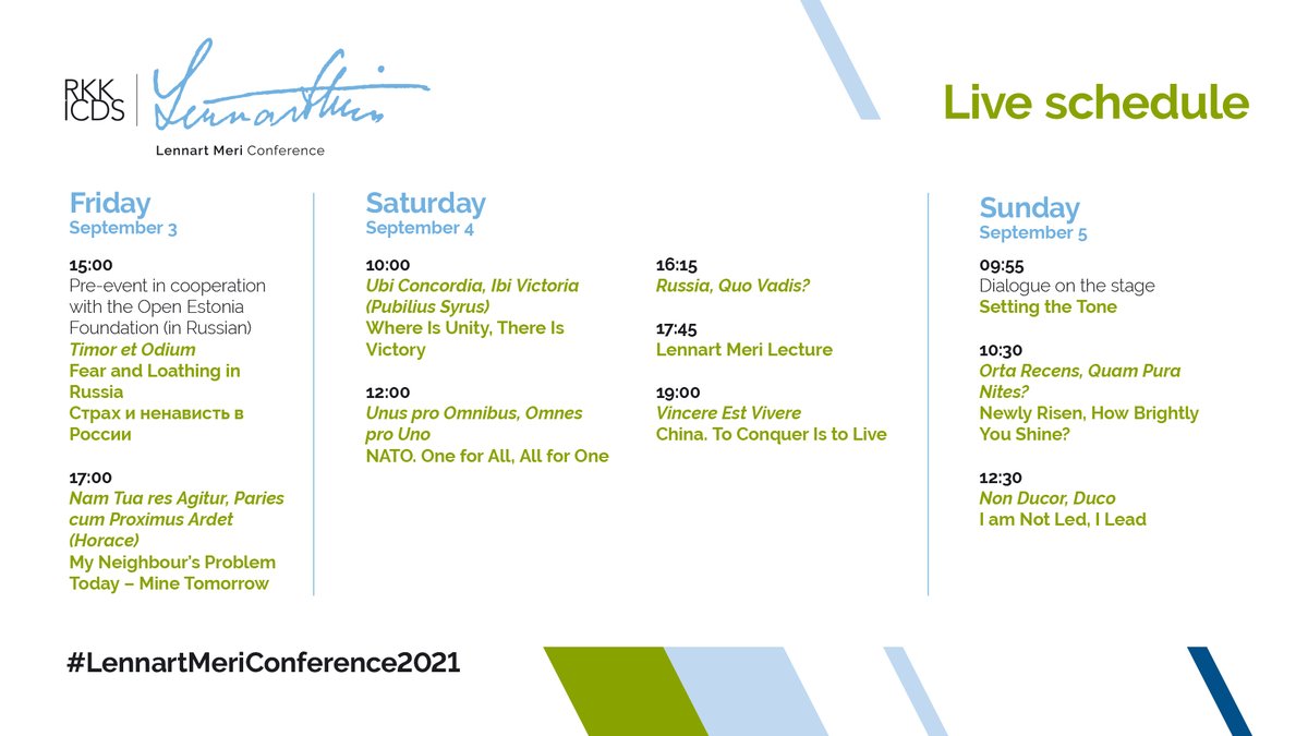 ICDS_Tallinn's tweet photo. 🧨Only 1day to go!🧨
#LennartMeriConference2021 planned your weekend: sit back and enjoy top global #Security debate streamed from Tallinn: https://t.co/v8fTNE8pla Pre-event on #Russia 3pm, kickoff 📯with PM @kajakallas @Yascha_Mounk @MargSchinas @VikasSwarup 5pm Sep 3. Enjoy! https://t.co/kgTNjBJPXX