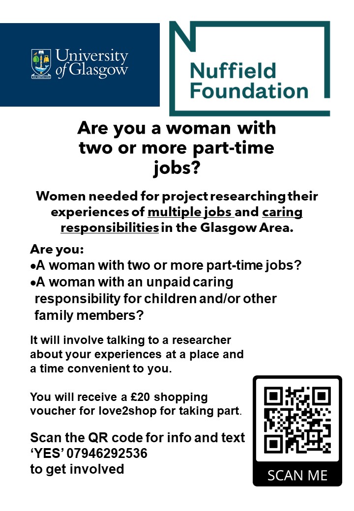 WiMLPE_Research's tweet photo. Participants needed!
Women who have 2+ jobs and caring responsibilities needed for Glasgow based research project. All participants will receive a £20 voucher for taking part. Any RTs appreciated.
@NuffieldFound @womenslibrary @ALLIANCEScot @closethepaygap @ScottishTUC https://t.co/CIPP59aJPK