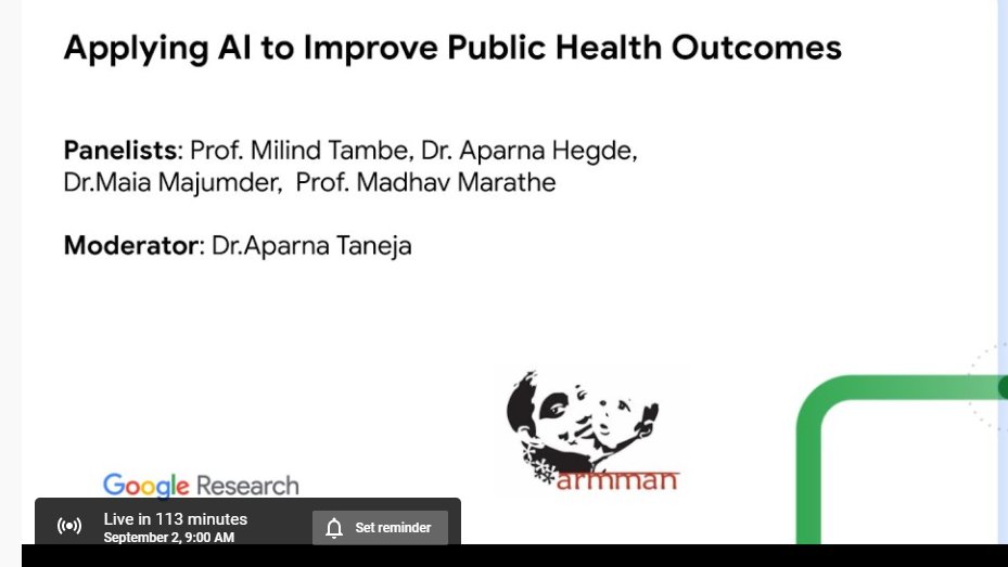 Please tune in to discussion on ‘Applying AI to Improve Public Health Outcomes’. I am grateful to have as co-panelists  Dr <a href="/hegde_aparna/">Aparna Hegde</a>  (<a href="/armmanindia/">ARMMAN</a>), Prof <a href="/maiamajumder/">Dr. Majumder is writing 🖋</a> (<a href="/harvardmed/">Harvard Medical School</a>) &amp; Prof Madhav Marathe (<a href="/UVA_BI/">University of Virginia Biocomplexity Institute</a>) at 9 AM Eastern today Sept 2. Link: youtube.com/watch?v=J-CVBu…
