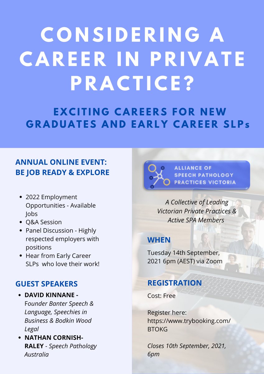 ***DONT MISS OUT***! Hear fabulous speakers &amp; panel of HIGHLY EXPERIENCED practice principals leading innovative and EBP SLP services. Hear from early career SLPs. Please share Bookings lnkd.in/gEJng79u #slpeeps #slp2b #speechpathology