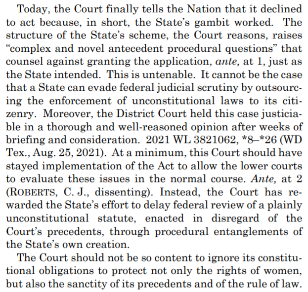BrianneGorod's tweet photo. J. Sotomayor explains why the #SCOTUS ruling is fundamentally at odds w/ the rule of law: a majority of the Court has green lit state efforts to knowingly evade the Constitution &amp; long-standing #SCOTUS precedent. That is just plain frightening. 4/x https://t.co/Z6ZPhBA7kP