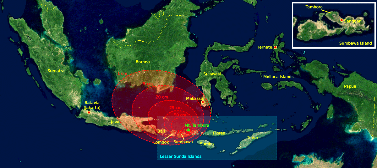 SavoirDuMonde's tweet photo. En 1815, l’éruption volcanique du Tambora (Indonésie), plus puissante que Hiroshima et Nagasaki combinées, privait le monde des rayons du soleil. En 1816, les moyennes des températures dans l'hémisphère nord descendirent de 0,5 °C à plus de 1 °C. https://t.co/712BY1KWbZ