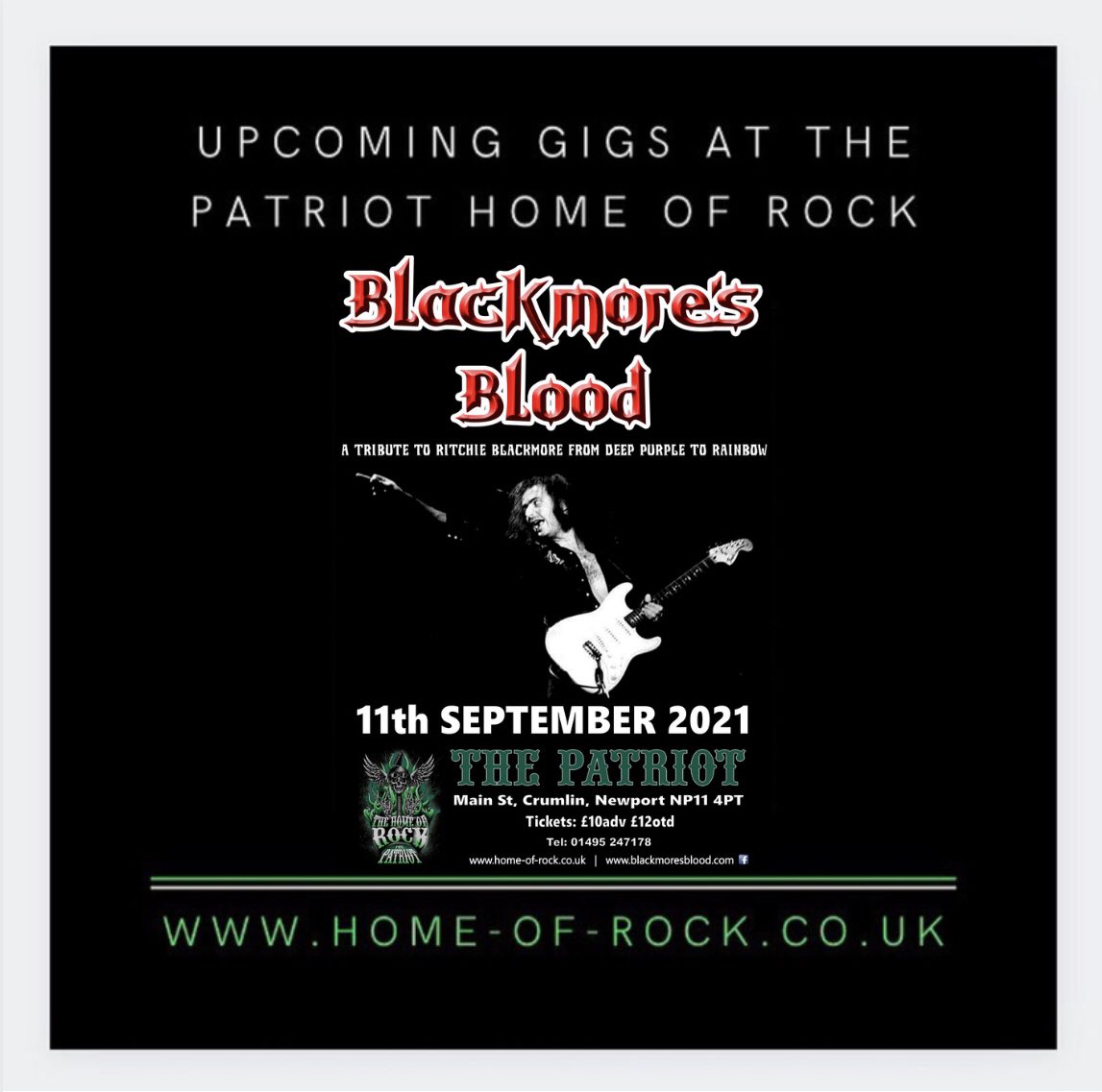 Catch #blackmoresblood in Sept at the new & improved @patriothomeofrock #patriothomeofrock - you can buy tickets via our website for our live upcoming #rockmusicgigs at the #patriot as well as other events. Follow on #Facebook #Instagram & #Twitter - home-of-rock.co.uk 🤟