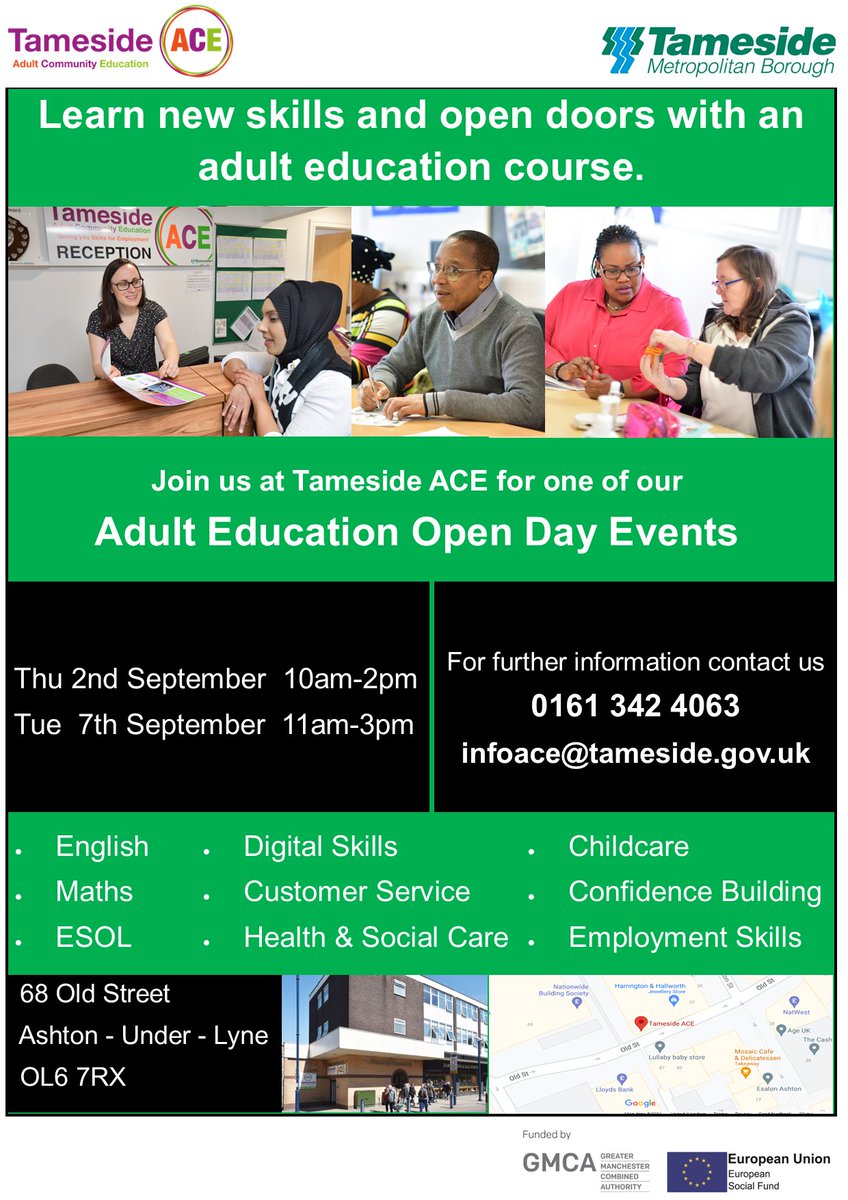 TamesideAce's tweet photo. There is still time to come down to our Open Day at Tameside ACE! We will be here until 2pm with all the information about our courses. #adultlearning #adulteducation https://t.co/4PU12ssqiC