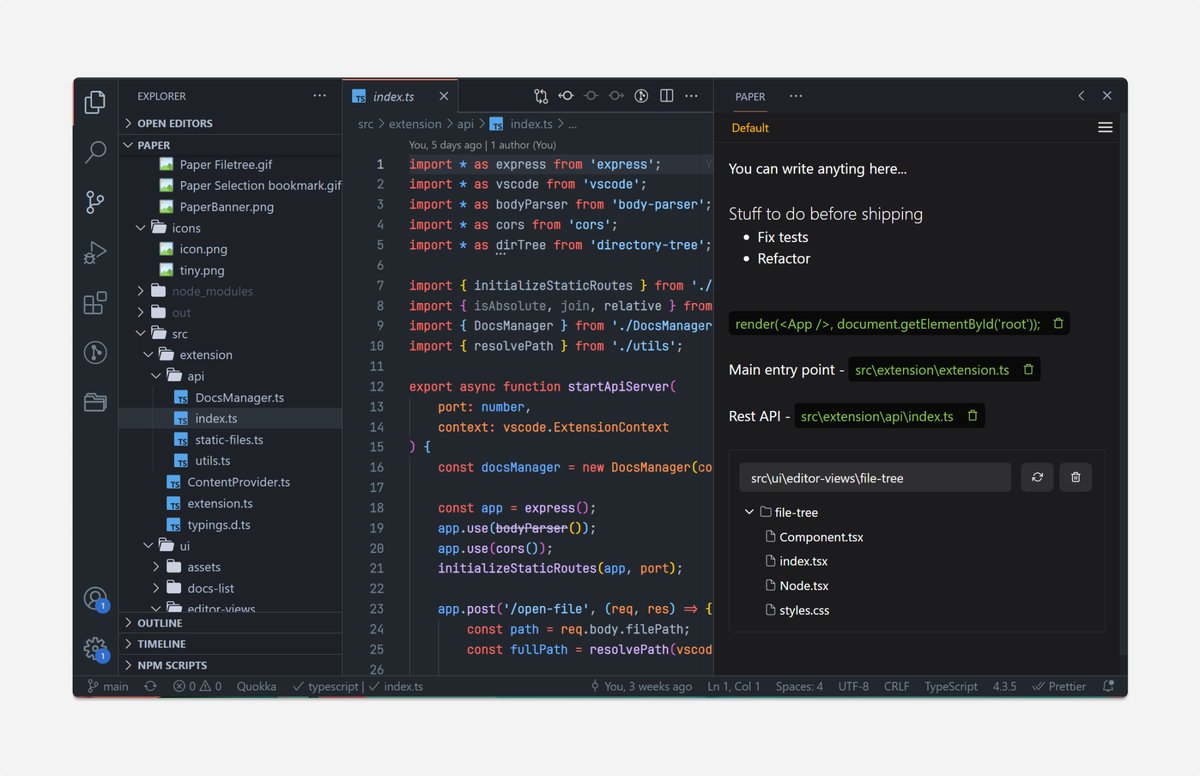 Raathigesh's tweet photo. I've been playing around with the idea of note-taking inside VSCode to keep things bookmarked without having to search for them again and again.

So this is📜Paper, a bookmarking and note-taking extension for VSCode

https://t.co/bPHxkgKjhy

👇Here are a few things paper can do https://t.co/ce7YLoi1bg