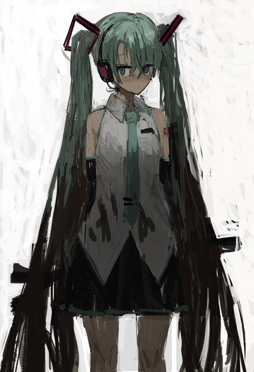 hatsune miku 1girl solo twintails long hair necktie detached sleeves skirt  illustration images