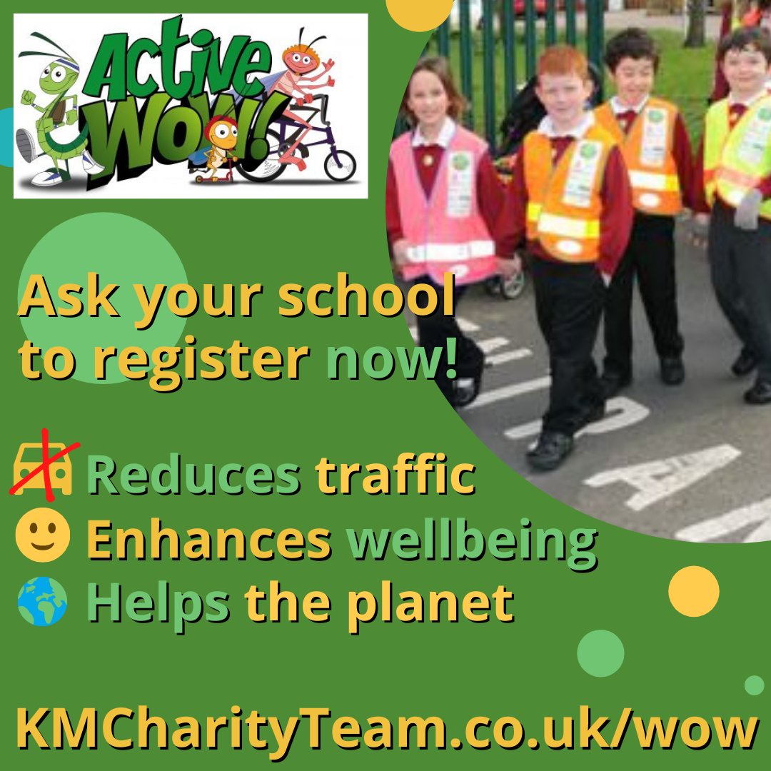 KMCharityTeam's tweet photo. Has your school joined #ActiveWow (Walk Once a Week)? Register now &amp; be ready for #WalkToSchool Month in October! Helps pupils to be more active, learn road safety, prevent childhood obesity, increase safety at the school gate AND help the environment! https://t.co/11qX6kLSxm https://t.co/vBKe5vEz98