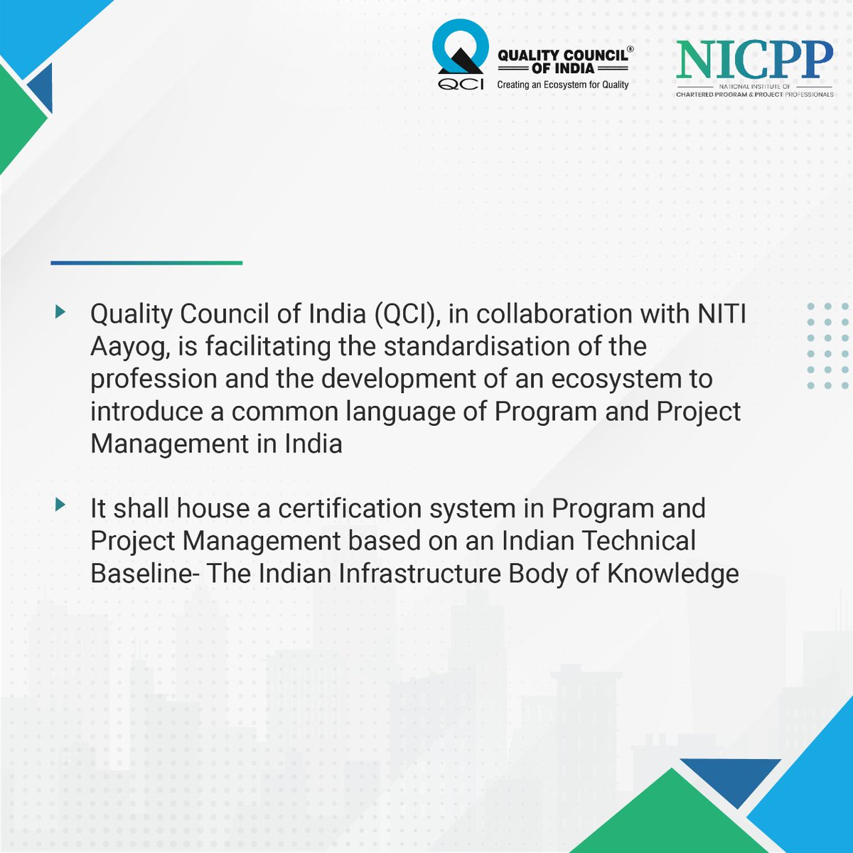 QCI_NICPP's tweet photo. National Program and Project Management Policy Framework (NPMPF) is being operationalized by #QCI to bring radical reforms in the way infrastructure projects are executed in #India.
#NPMPF https://t.co/SZORZV3Hxb