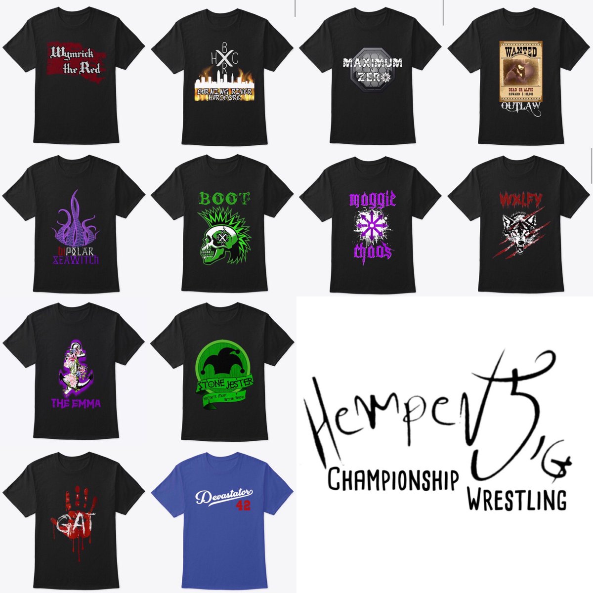 WymrickTheRed's tweet photo. Our Hempen Jig Championship #Wrestling #merchandise line continues to grow. Sport your favorite #HJCW Superstar’s gear now. More coming soon! https://t.co/YGOaOlxfJx Use #PromoCode TWITCH10 for 10% off store wide! #SupportSmallStreamers #gamer #branding #swag #twitchaffiliate https://t.co/lm6yRocIn2