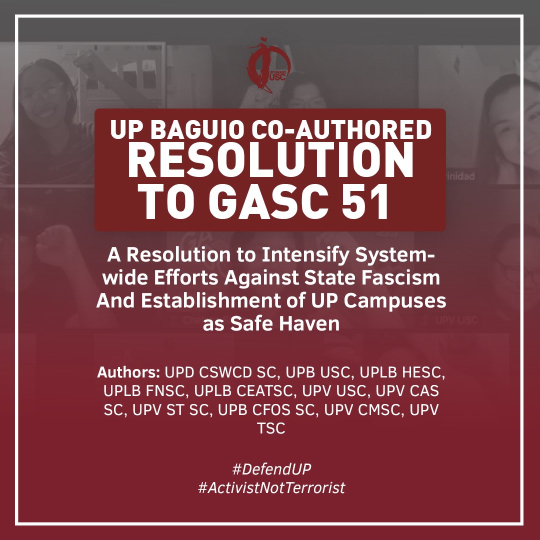UPBaguioUSC's tweet photo. [1/3] #GASC51

On August 31- September 1, student councils from all over the UP system convened for the 51st General Assembly of Student Councils. A total of 20 resolutions were adopted, which will serve as direction setting for the campaigns of student councils. https://t.co/xBNLikirwY