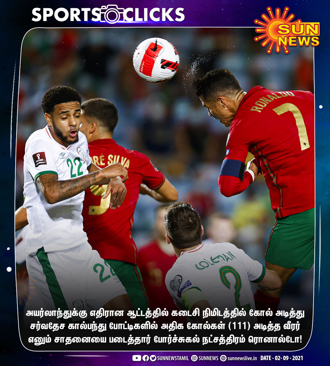 sunnewstamil's tweet photo. #SPORTSCLICKS | Breaking the Record!

சர்வதேச கால்பந்து போட்டியில் அதிக கோல்கள்...

போர்ச்சுகல் கால்பந்து நட்சத்திரம் கிறிஸ்டியானோ ரொனால்டோ சாதனை!

#SunNews | #CR7 | #Football | #Ronaldo | #Portugal | @Cristiano https://t.co/0lWFlfmDDg