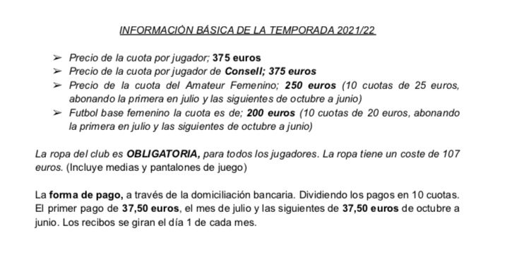 Os dejamos la información de las cuotas de la temporada 2021/22 del club!