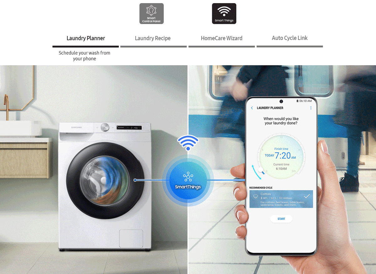 SaruniBM's tweet photo. It has AI smart capabilities which means it can connect to the internet and you can simply control the washing machine through your phone. You can switch it on, off, schedule your washing and drying and even do self-diagnosis all from your phone!

#NewProductLineUp @SamsungKE https://t.co/3uYqy9q2RI