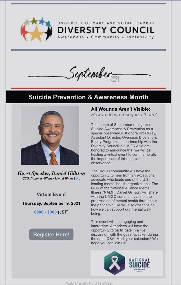 Ms_InProcess's tweet photo. Join us for the upcoming virtual event, “All Wounds Aren’t Visible.” The event will take place next Thursday, September 9, 2021 at 0900 (JST).

Join us and be a part of the conversation. You can register here: https://t.co/QfRe5XOBgT

Hope to see you there!

 #mentalhealth https://t.co/FWbZ4Hb0Zi