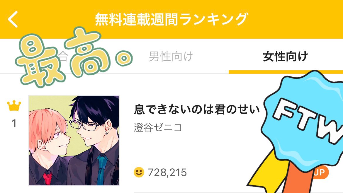 Uzivatel ビーボーイｐ 編集部 Na Twitteru Pixivコミックランキング女性向け１位 澄谷ゼニコ先生 Bloooom25 息できないのは君のせい が女性向けランキング１位にランクイン 次回 17 は9月7日更新予定です たくさんの応援を