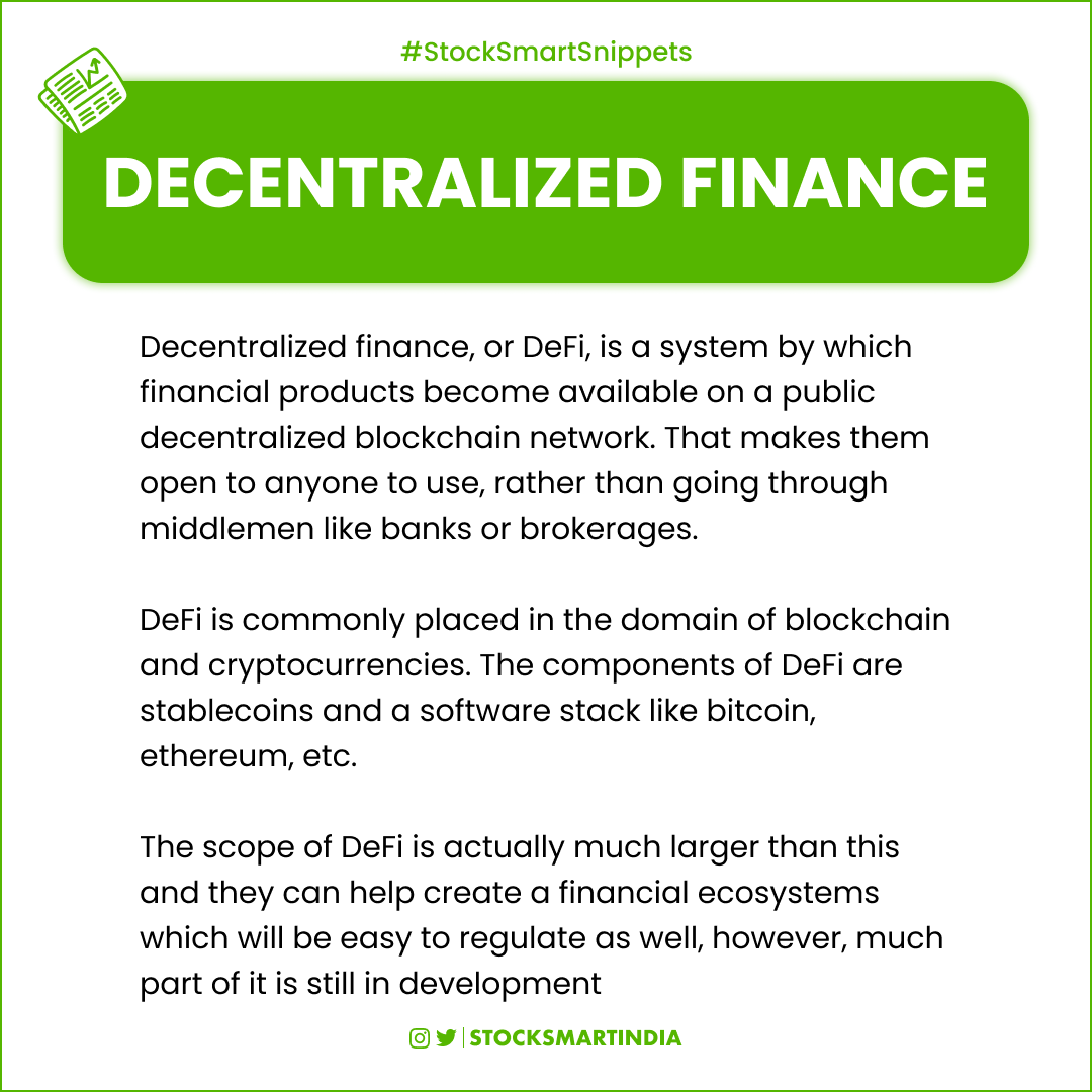 StockSmartIndia's tweet photo. #StockSmartSnippets - De-Fi : What is a Decentralized finance and What's the recent Fuss about it?
.
.
Follow @StockSmartIndia 
.
.
#DiFi #Decentralizedfinance #blockchain #crypto #stockmarket #finance #banking #economy #business #cryptocurrency #financialliteracy https://t.co/X7mNby2idE