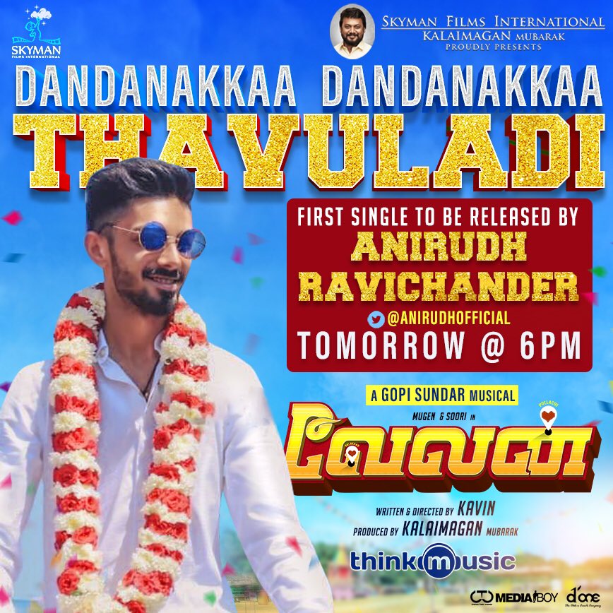 Kalaimagan20's tweet photo. Here's @Skymanfilms @Kalaimagan20 proudly presents #Velan’s first Single track #Dandanakkathavuladi ��� frm tomorrow@ 6 PM, Wil b launched by Rockstar @anirudhofficial

Directed by @kavin_dir

@themugenrao @sooriofficial @GopiSundarOffl
 @thinkmusicindia @DoneChannel1 @CtcMediaboy https://t.co/5Hpbi3WthM
