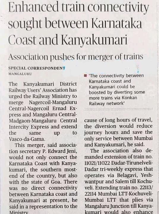 kulitturai's tweet photo. Sir, please take effort to fullfil the long standing demand of three States people by Merging Eranad express with MAQ-MAO intercity and extend up to Vasco-da-Gama. @AshwiniVaishnaw @GMSWR
@nalinkateel @ShashiTharoor @iamvijayvasanth @Murugan_MoS @KARailway @GMSRailway @drmubl https://t.co/T6QyPjXlE7