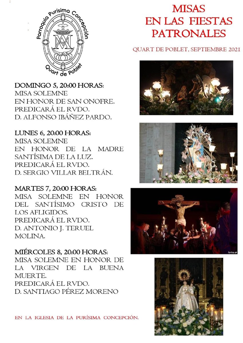 purisimaquart's tweet photo. Celebracions litúrgiques de les Festes Patronals 2021 #quartdepoblet https://t.co/ckNEzr56qA
