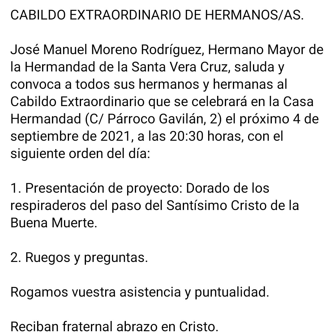 VeraCruzAlcal's tweet photo. CABILDO EXTRAORDINARIO DE HERMANOS Y HERMANAS. https://t.co/h45IKSKBd1