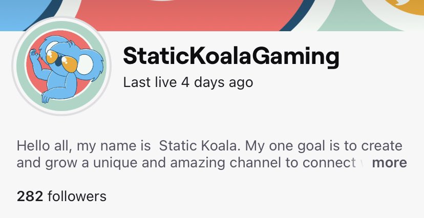 Static_Koala's tweet photo. I couldn’t make this all happen without you all! You guys are amazing. 282 followers so far. Pushing for 300 and beyond. Feel free to drop your links here I’m always out supporting also! #twitch #twitchstreamer #smallstreamer https://t.co/Qhqb6JukaQ