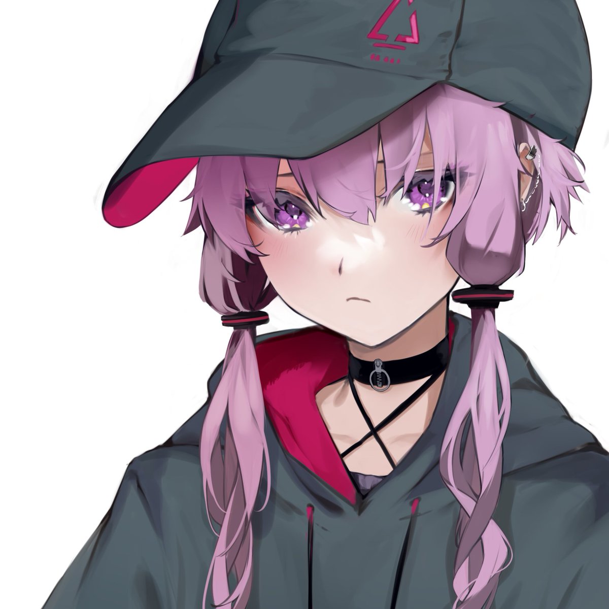 yuzuki yukari 1girl solo hat hood purple eyes hoodie white background  illustration images