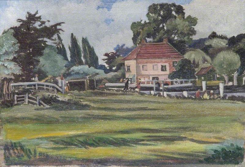 WallingfordMus's tweet photo. The #OnlineArtExchange today celebrates unknown artists. "Shiplake Lock, Oxfordshire" is by an unknown artist &amp; is in #HenleyOnThames Town Hall  @HenleyTCM. We thought @ThamesPathNT @TVERC1 might like this #Thames scene too! #Shiplake #Oxfordshire #RiverLocks @artukdotorg https://t.co/NnXaBrx9xy