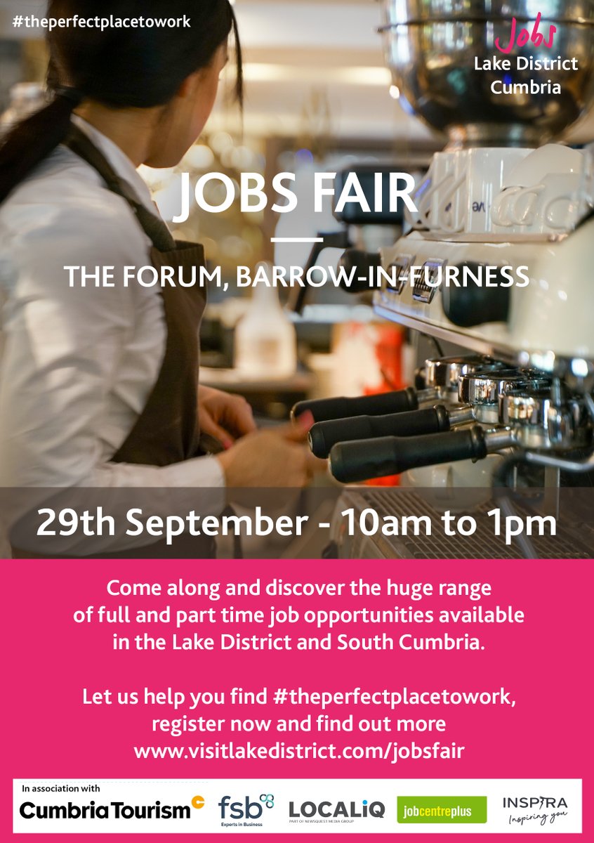 WandFCThrivComm's tweet photo. Jobs fair taking place in The Forum, Barrow on 29 September between 10am &amp; 1pm ⬇
#theperfectplacetowork
@cumbriatourism  @JCPinCumbria @inspiraforlife  @FSBNorthWest @LOCALiQ https://t.co/b6DFwS4OfT