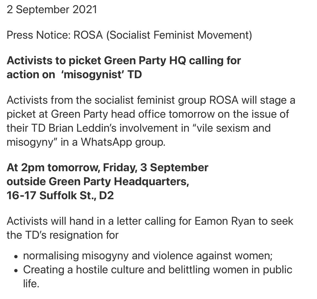 RuthCoppingerSP's tweet photo. A picket of @greenparty_ie head office will take place tomorrow over the vile sexism and misogyny of their TD, Brian Leddin. Called by @RosaWomen. All are welcome. Press notice below.
@drivetimerte @rtenews @TonightVMTV @TodaywithClaire https://t.co/qJqFbtCv2V