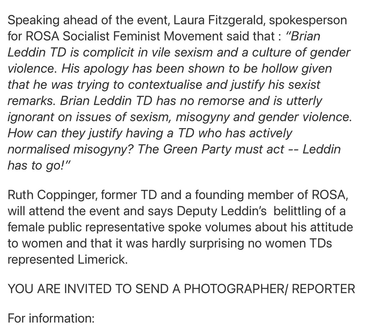 RuthCoppingerSP's tweet photo. A picket of @greenparty_ie head office will take place tomorrow over the vile sexism and misogyny of their TD, Brian Leddin. Called by @RosaWomen. All are welcome. Press notice below.
@drivetimerte @rtenews @TonightVMTV @TodaywithClaire https://t.co/qJqFbtCv2V