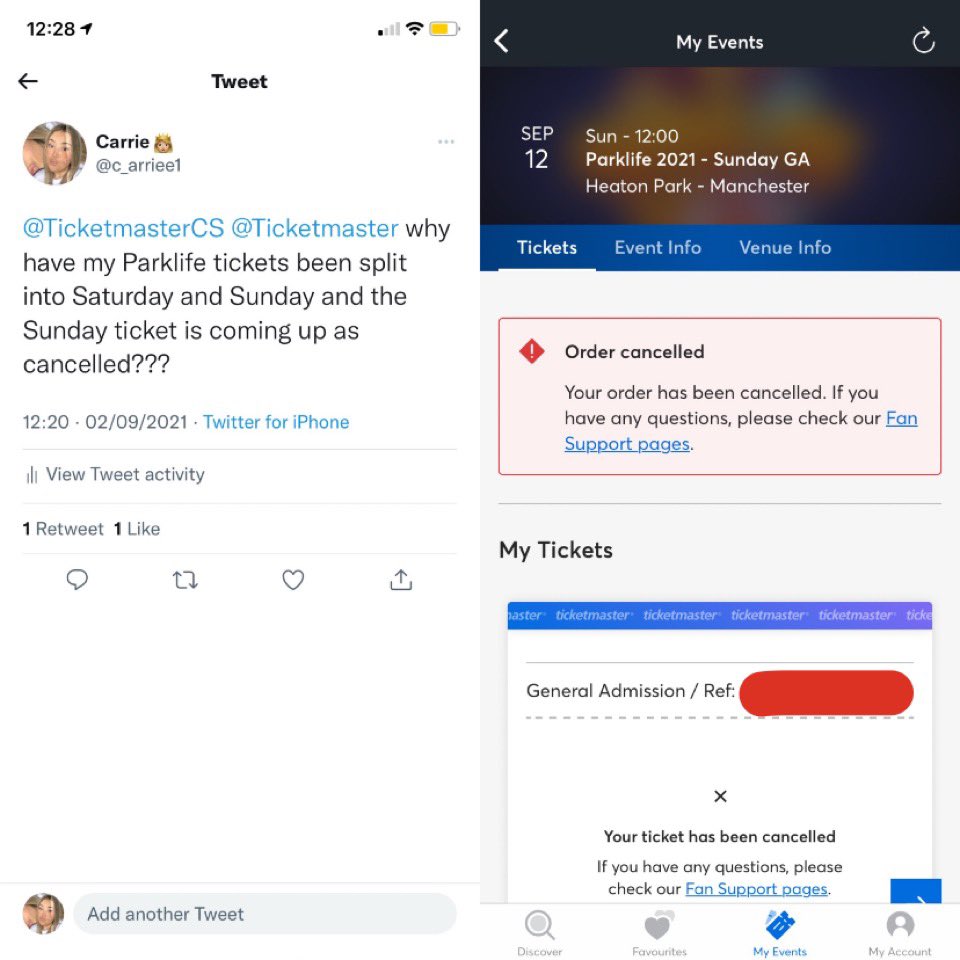 c_arriee1's tweet photo. @Parklifefest @TicketmasterCS @Ticketmaster why are some of my parklife tickets saying they’ve been cancelled?? https://t.co/bGBNegUWkJ