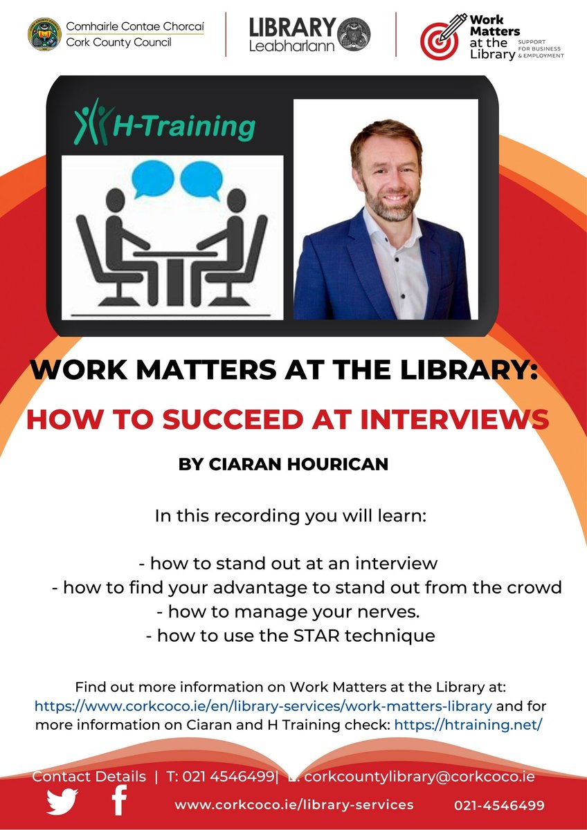 corkcolibrary's tweet image. Discover how to succeed at interviews with Ciarán Hourican of H Training! youtu.be/-xInhe66wek
#WorkMatters #WorkMattersAtTheLibrary #careers #jobhunting #interviews @Corkcoco @LibrariesIre @LEOSouthCork @CorkETB @EmployAbilityCK @HTRAININGCORK