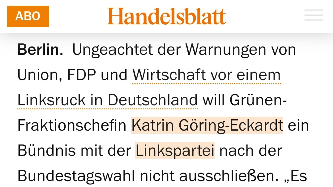 JakobKluck's tweet photo. Der "Linksruck" ist also ganz objektiv eine Gefahr, vor der nun "gewarnt" wird, @handelsblatt? Und die Grünen, unterstellt so eine Formulierung, müssten diese Gefahr natürlich abwenden.
Dachte, das entscheiden die Wähler:innen und "Linksrutsch verhindern" ist eine CSU-Kampagne... https://t.co/TufqxzAm3e