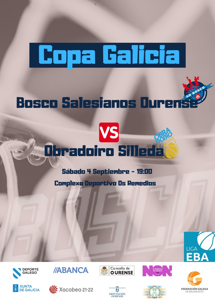 CanteraBosco's tweet photo. Liga EBA!  Empieza el baile🕺🕺

Copa Galicia #LigaEBA

🆚 @OBRADOIROCAB 
📅 Sábado 4 Septiembre
⏰ 19:00 horas
📍Complexo Deportivo Os Remedios

👉Entrada gratuita hasta completar aforo

@DxTGalicia @SomosABANCA @camino_xacobeo

#DisfrutemosJuntos
#VeñaBosco https://t.co/LAGAB1hDu5