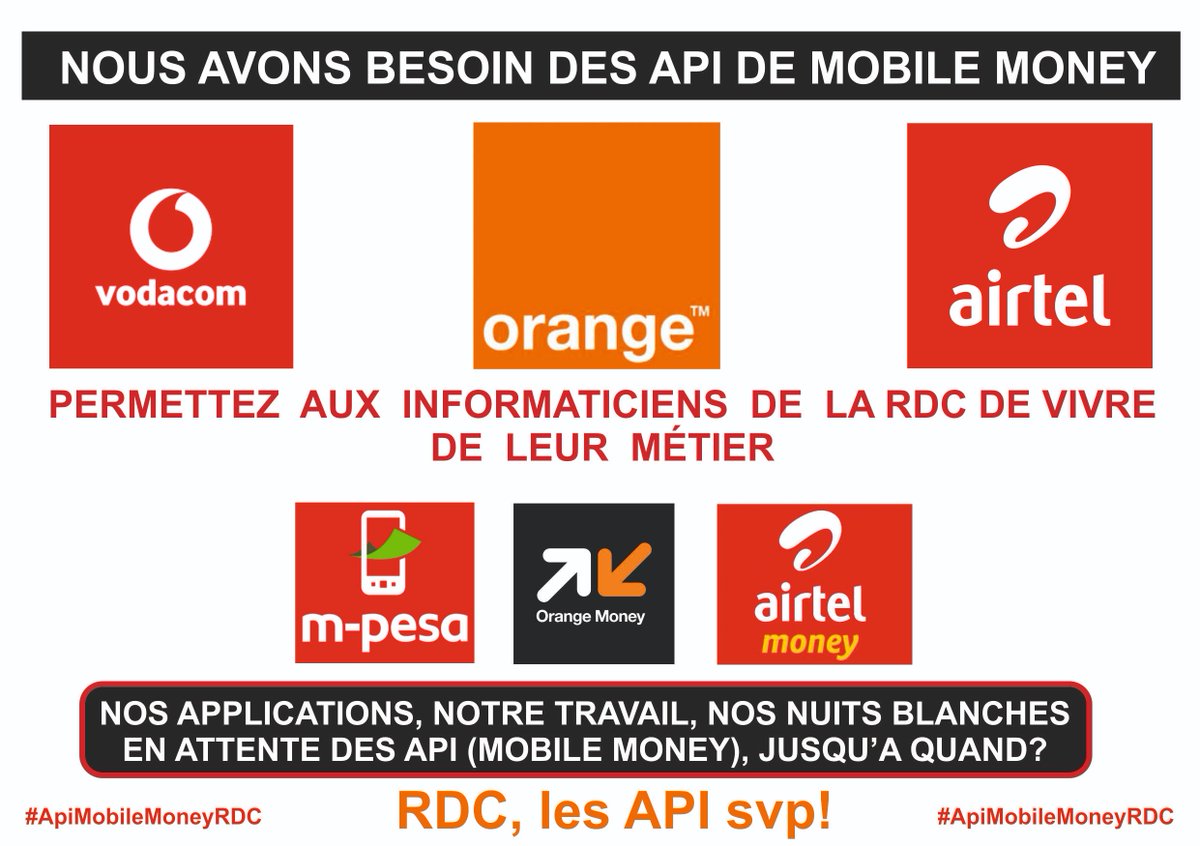 rapham16's tweet photo. Il n y a pas de développement d #NTIC tant que les acteurs ou les développeurs souffrent.
Chers @Vodacomcongo, @Orange__RDC, @airtelrdc  Donnez-ns les #API de #mobileMoney
@Presidence_RDC @senatrdc @LukondeSama @numeriquecd @RdcCabinet @radiookapi @RFI @FRANCE24 @migishaofficiel https://t.co/93PQ0XdGau