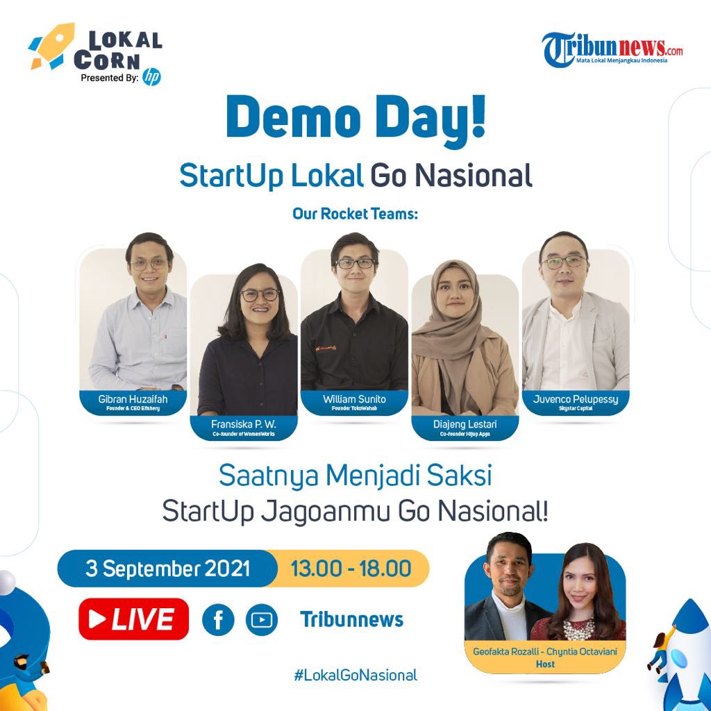LokalCorn's tweet photo. Demo Day LokalCorn: Inilah Sang Jawara Startup Lokal Indonesia!

Saksikan babak penentuan akhir dari kompetisi Startup @LokalCorn! 

Catat tanggalnya:
Jumat, 03 September 2021
13.00-18.00
LIVE
Youtube: https://t.co/037DmTlWKR
Facebook: https://t.co/osAeWgwkUI

#LokalGoNasional https://t.co/wMoY7V6DQP