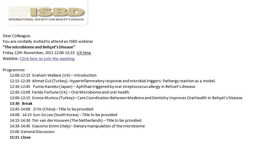 SocietyBehcet's tweet photo. Join the #ISBD webinar on #microbiota: November 12th, 2021 12:00-15:15 UK Time: “The microbiome and Behçet’s Disease". With leading speakers in the field. 
https://t.co/KLEaF5OXMO https://t.co/bDe49mno6G