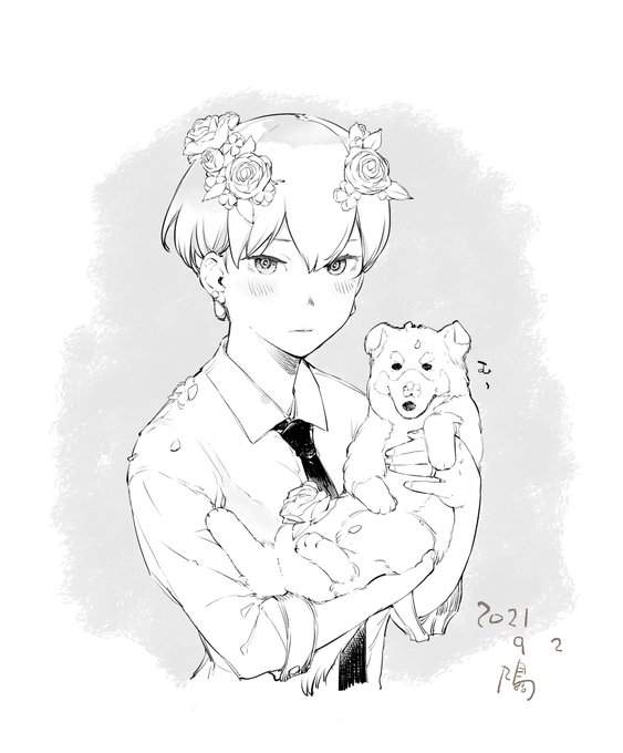 部屋とYシャツと加賀さんを描くつもりだったのがうろうろと薔薇とパンジーを犬を足したあげく部屋を描くのを巧妙に忘れたため小林さんだか平松さんだかコンセプトもボケボケになっております。ショートカットの加賀さんペン画でs 