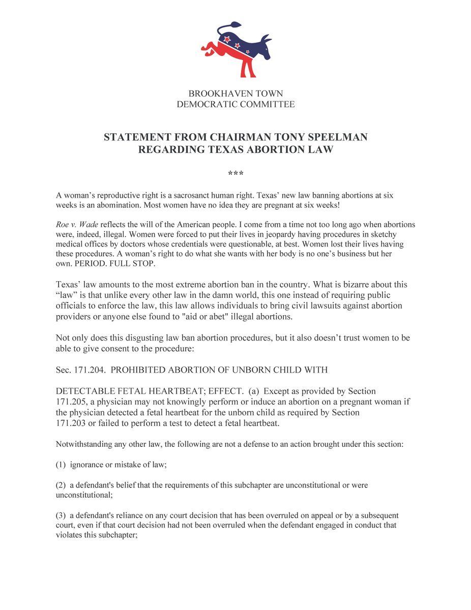 Brookhaven_Dems's tweet photo. STATEMENT FROM CHAIRMAN TONY SPEELMAN 
REGARDING TEXAS ABORTION LAW https://t.co/E4g7S2jAFs