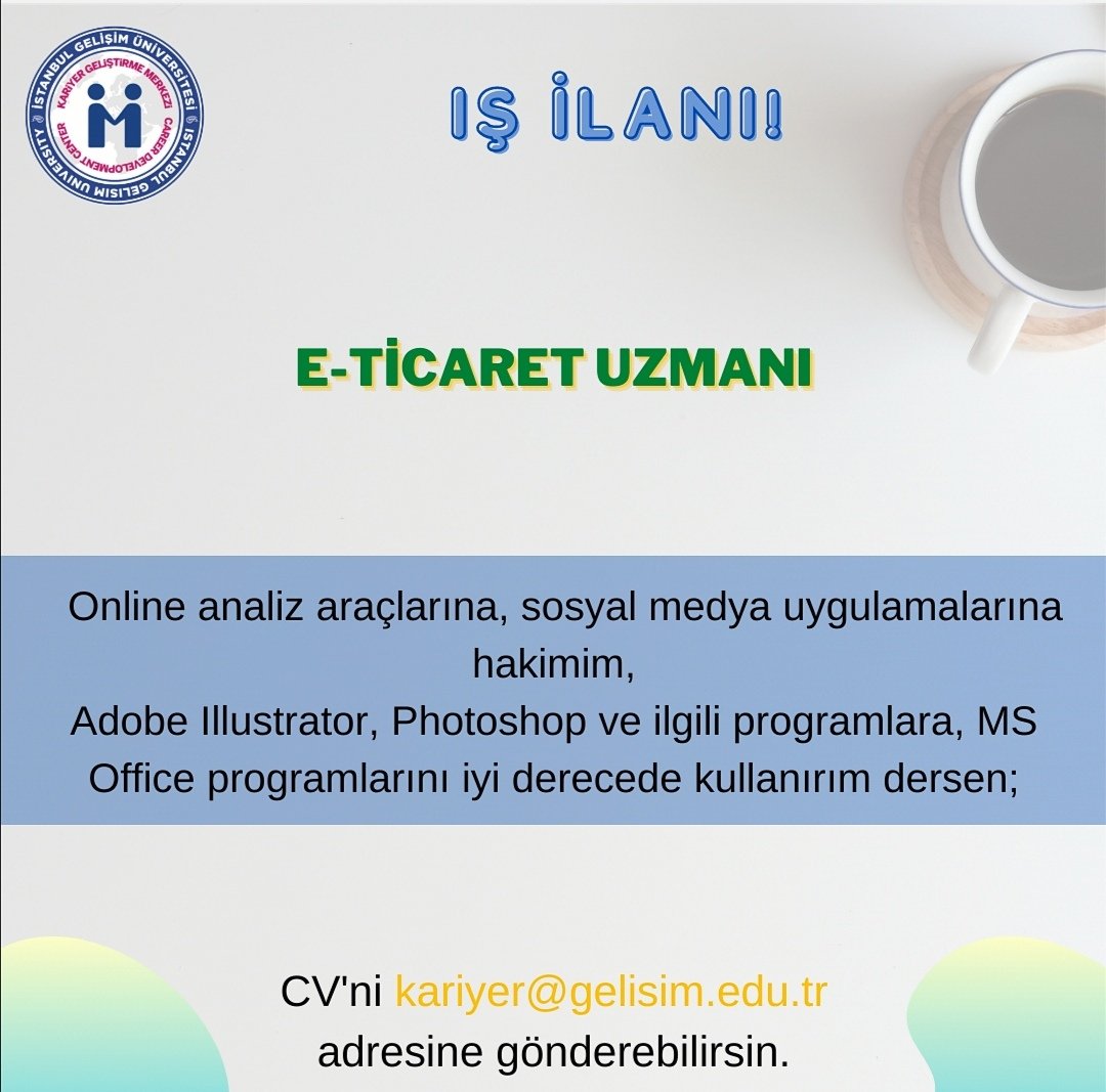 Değerli İGÜ'lü! Mezunumuz!! 

 Gelişime ve öğrenmeye açıksan yeni deneyimlere yelken açarak başlamak istiyorsan  ve şablondaki kriterleri karşılıyorsan  sana uygun olan  ilana CV’ni başlık belirterek  kariyer@gelisim.edu.tr adresine gönderebilirsin.

#kariyer #igukariyer