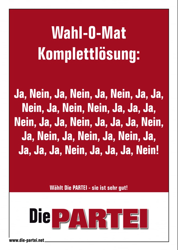MartinSonneborn's tweet photo. Für alle, die es nicht alleine packen, aber vor ihren Freunden nicht doof ("AfD", "Grüne", "CSU") dastehen wollen... Smiley!
#WahlOMat #Servicetweet https://t.co/U9UNum1mc1