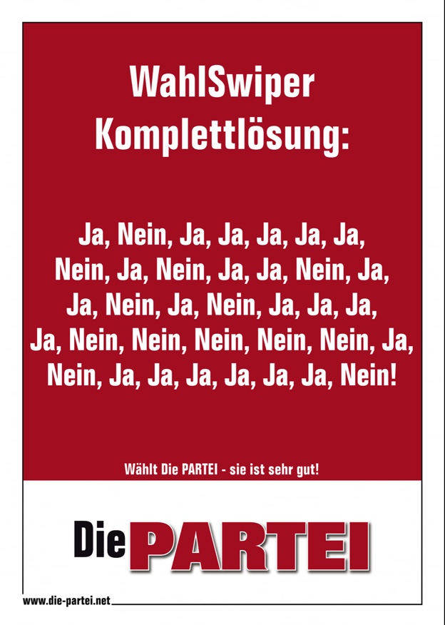 Für alle, die es nicht alleine packen, aber vor ihren Freunden nicht doof ("AfD", "Grüne", "CSU") dastehen wollen... Smiley!
#WahlOMat #Servicetweet