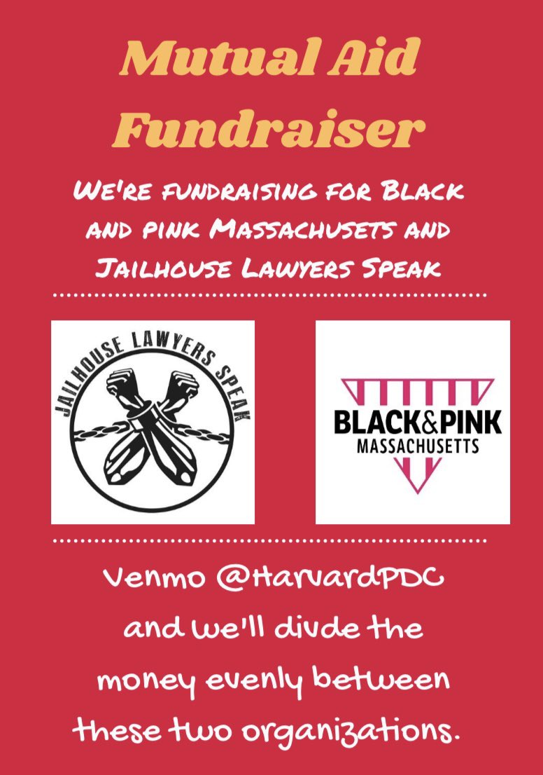 Harvard Prison Divestment Campaign (@harvardpdc) on Twitter photo From today through 9.12 we will be fundraising for <a href="/JLSOfficial/">JLS</a> and <a href="/BlackAndPinkMA/">Black and Pink Massachusetts</a> . Donations can be sent to our venmo <a href="/HarvardPDC/">Harvard Prison Divestment Campaign</a> and will be split evenly. We will post the final fundarised amount and screenshots of our donations by 9.14. From today through 9.12 we will be fundraising for <a href="/JLSOfficial/">JLS</a> and <a href="/BlackAndPinkMA/">Black and Pink Massachusetts</a> . Donations can be sent to our venmo <a href="/HarvardPDC/">Harvard Prison Divestment Campaign</a> and will be split evenly. We will post the final fundarised amount and screenshots of our donations by 9.14.