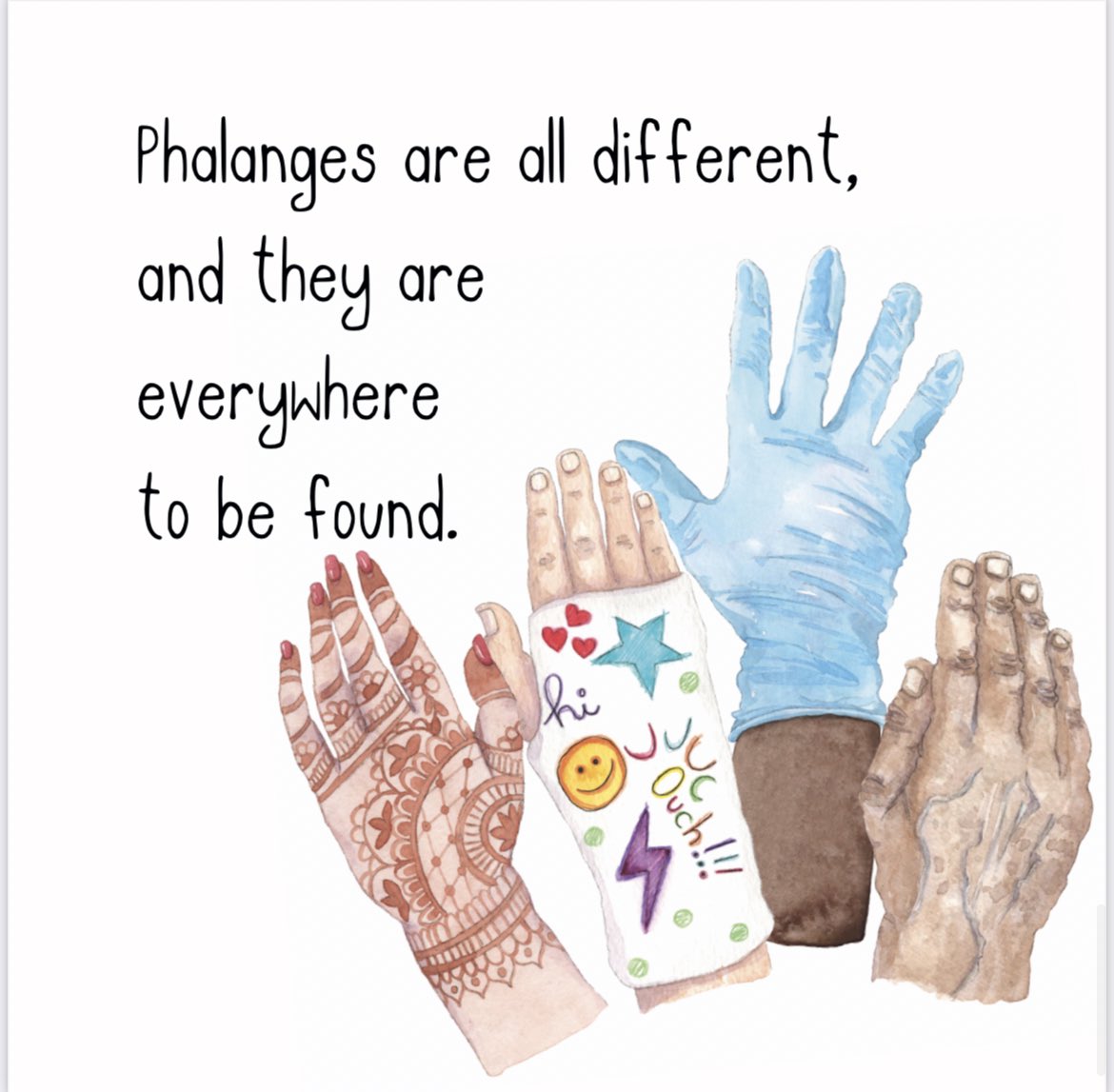 Phalanges are colorful, Phalanges are amazing, they make us distinctly human. Follow along as this book takes you through all the wonderful things your phalanges can do, and the uniqueness between me and you. #PB #C #LGBTQ #IRMC #DIS #PitMad “Holy Phalanges”
