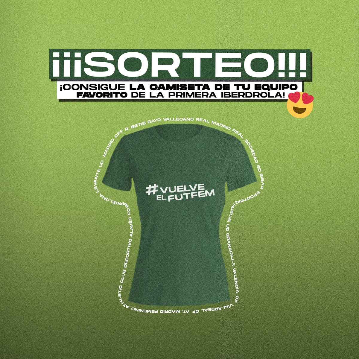 FutFemIberdrola's tweet photo. 🔥 ¡¡¡SOOORTEO!!!

🙌🏼 VUELVEN las ESTRELLAS del mejor #futfem de Europa 🤩
  
🎁 ¡Regalamos 6 CAMISETAS para que animes a tu equipo este año!

📱 Síguenos.
🔁 Retuitea.
💬 ¡Y comenta con #VuelveElFutFem!

💚¡¡¡SUERTE!!!

#PrimeraIberdrola https://t.co/N7Tpty1H5q