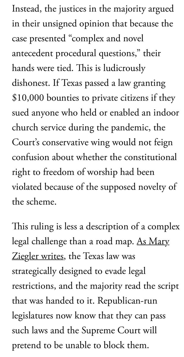 AdamSerwer's tweet image. There are three reasons the Supreme Court issued a disingenuous midnight decision all but nullifying a constitutional right by shadow docket: Because they wanted to, because they could, and because fuck you. theatlantic.com/ideas/archive/…
