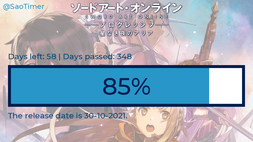 SaoTimer's tweet photo. Thursday 02-09-2021

Days before SAO Progressive: 58
Days passed: 348
Percentage: 85.714%

#sao_anime #SAO #progressive #saoprogressive #saotimer https://t.co/IR2AzHUyzH