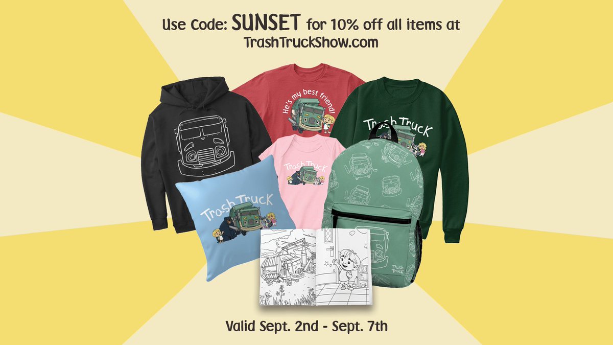 To celebrate the end of summer and the start of Labor Day weekend we are having a farewell to summer promo! From now through September 7 you can get 10% off your purchase when you use the code "SUNSET" at TrashTruckShow.com 
☀️🚛☀️

#TrashTruckNetflix #LaborDay